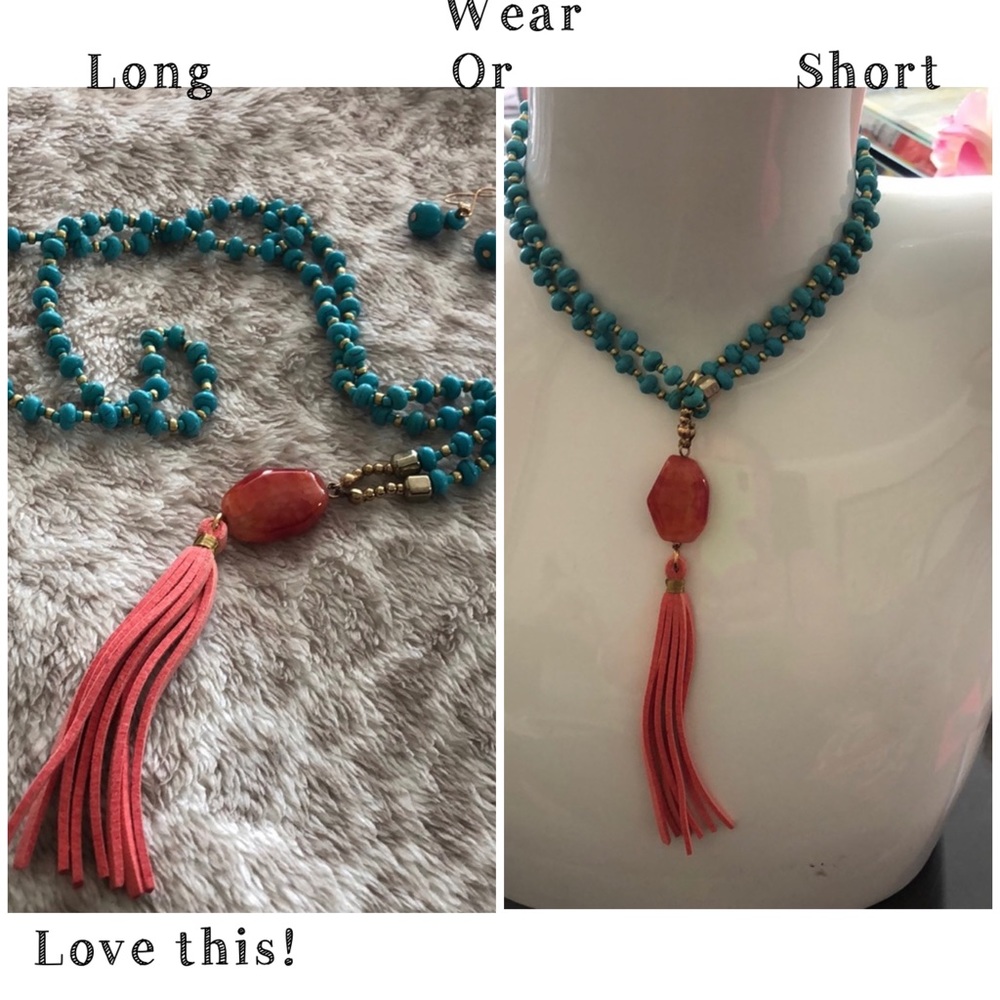 Long Turquoise w/ Coral Leather Tassel Chain,NWT-Boutique